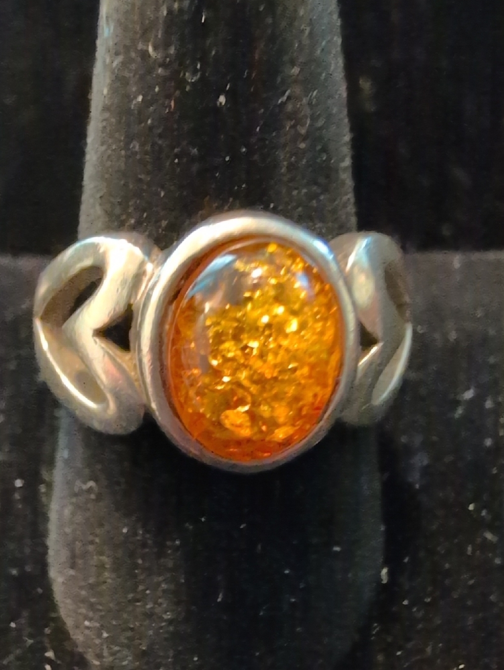 Sterling Silver Heart Band Ring with Honey Amber Oval